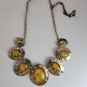 Vintage Modernist Amber Glass Statement Necklace with Silver Tone 20 Inch Chain